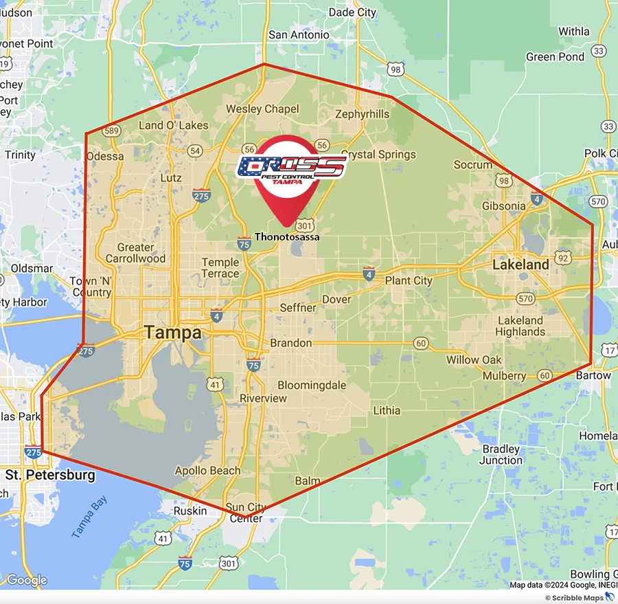 Cross Pest Control Service Area Map Tampa, Florida